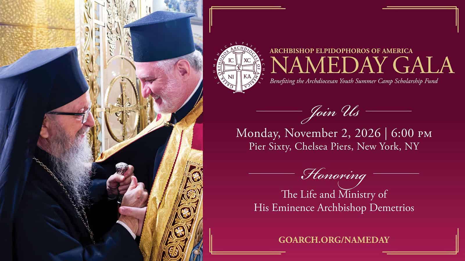 Archbishop Demetrios and Archbishop Elpidophoros greeting each other beside the official invitation for the November 2, 2026, Nameday Gala in New York.