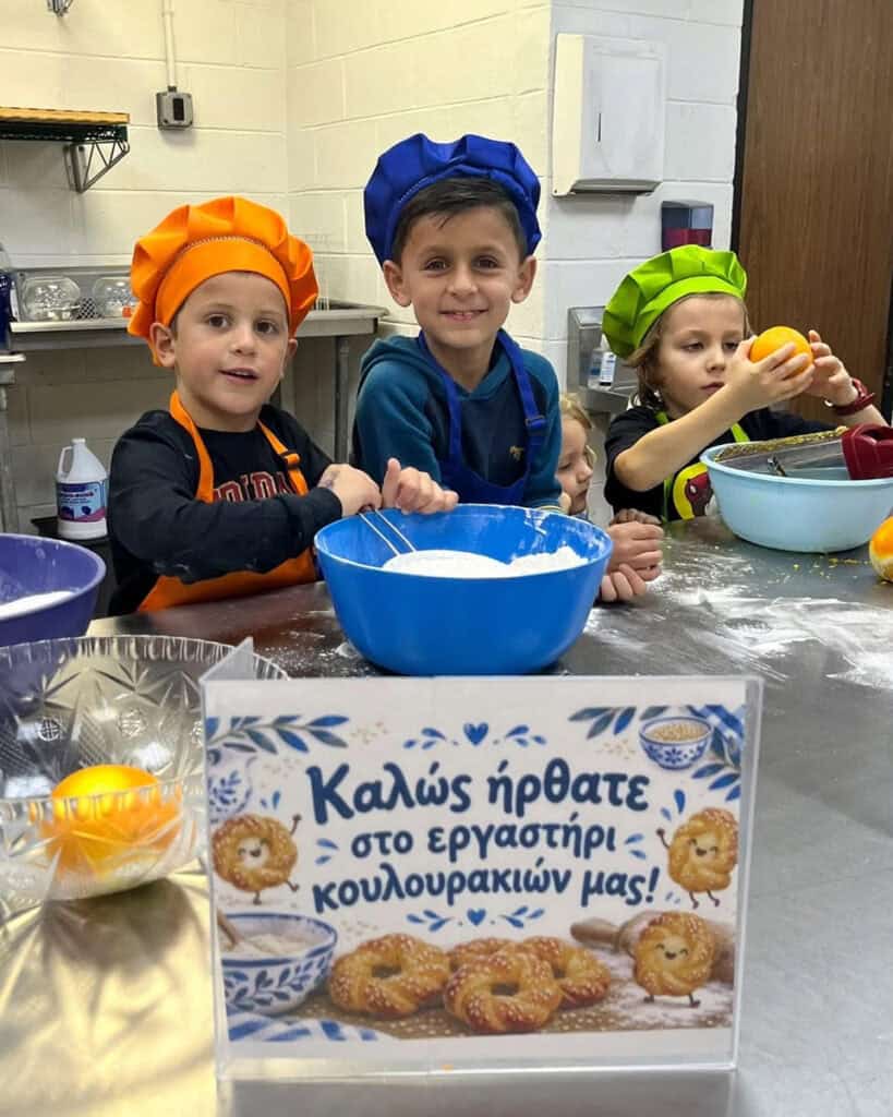 Aristotle Academy students prepare ingredients during a koulourakia cooking workshop in Media, Pennsylvania.