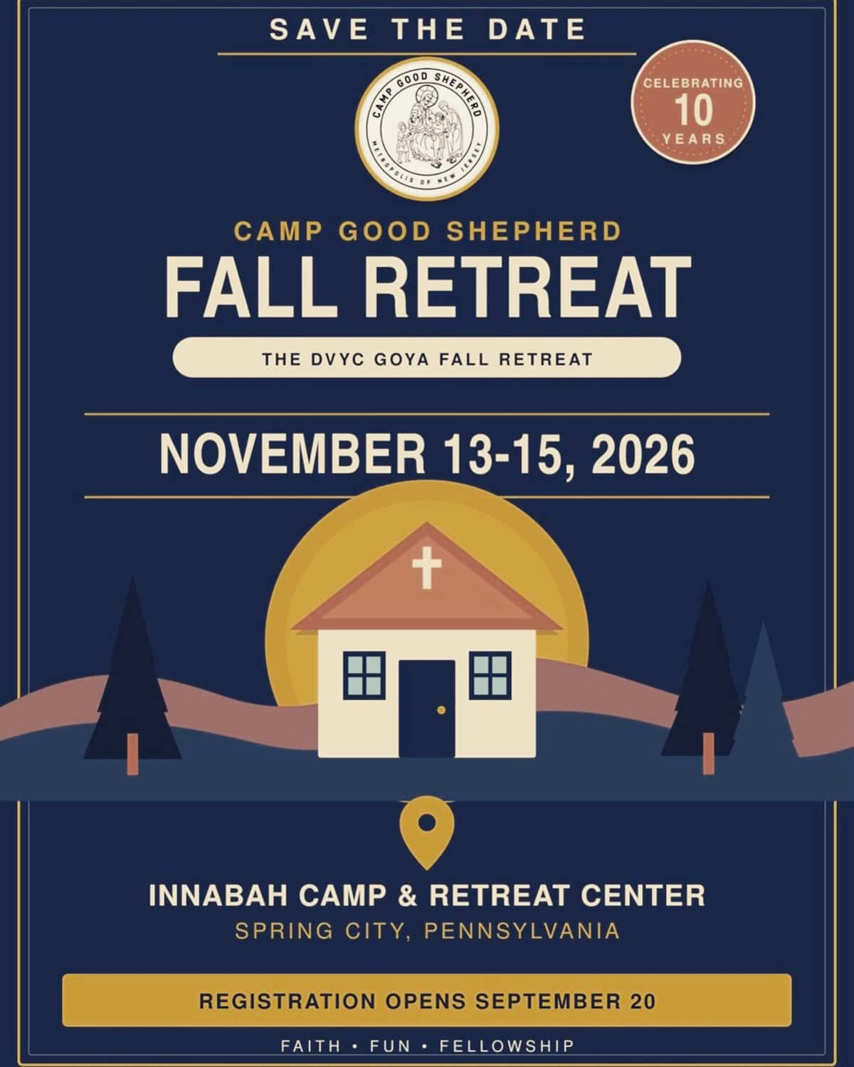 Camp Good Shepherd Fall Retreat flyer announcing the November 13–15, 2026, DVYC GOYA retreat in Spring City, Pennsylvania.
