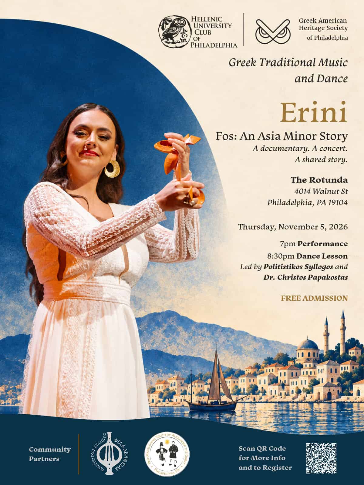 Erini performing a traditional Greek dance in promotional artwork for Fos: An Asia Minor Story in Philadelphia