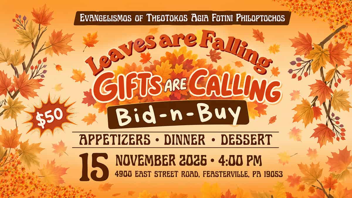 Autumn-themed graphic for the Evangelismos Agia Fotini Philoptochos Bid-n-Buy fundraiser on November 15, 2026, in Feasterville, Pennsylvania.