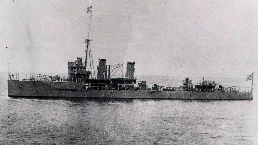 Archival photograph of the Greek light cruiser Elli, sunk by an Italian submarine off Tinos on August 15, 1940.