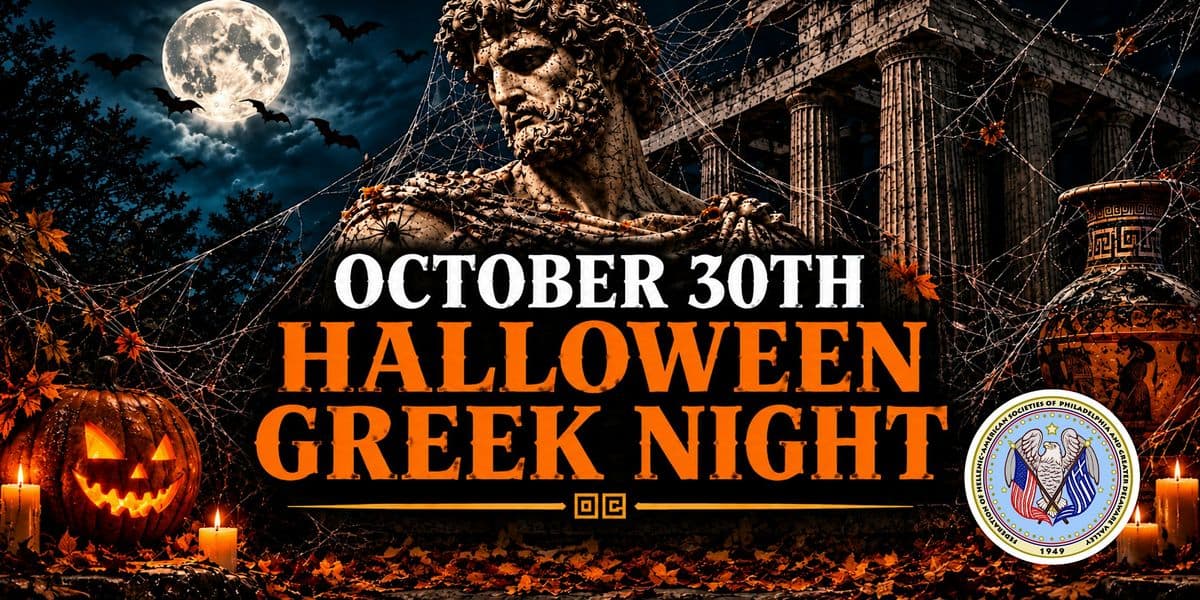 Halloween Greek Night banner featuring a Greek statue, full moon, jack-o'-lanterns, and October 30 date