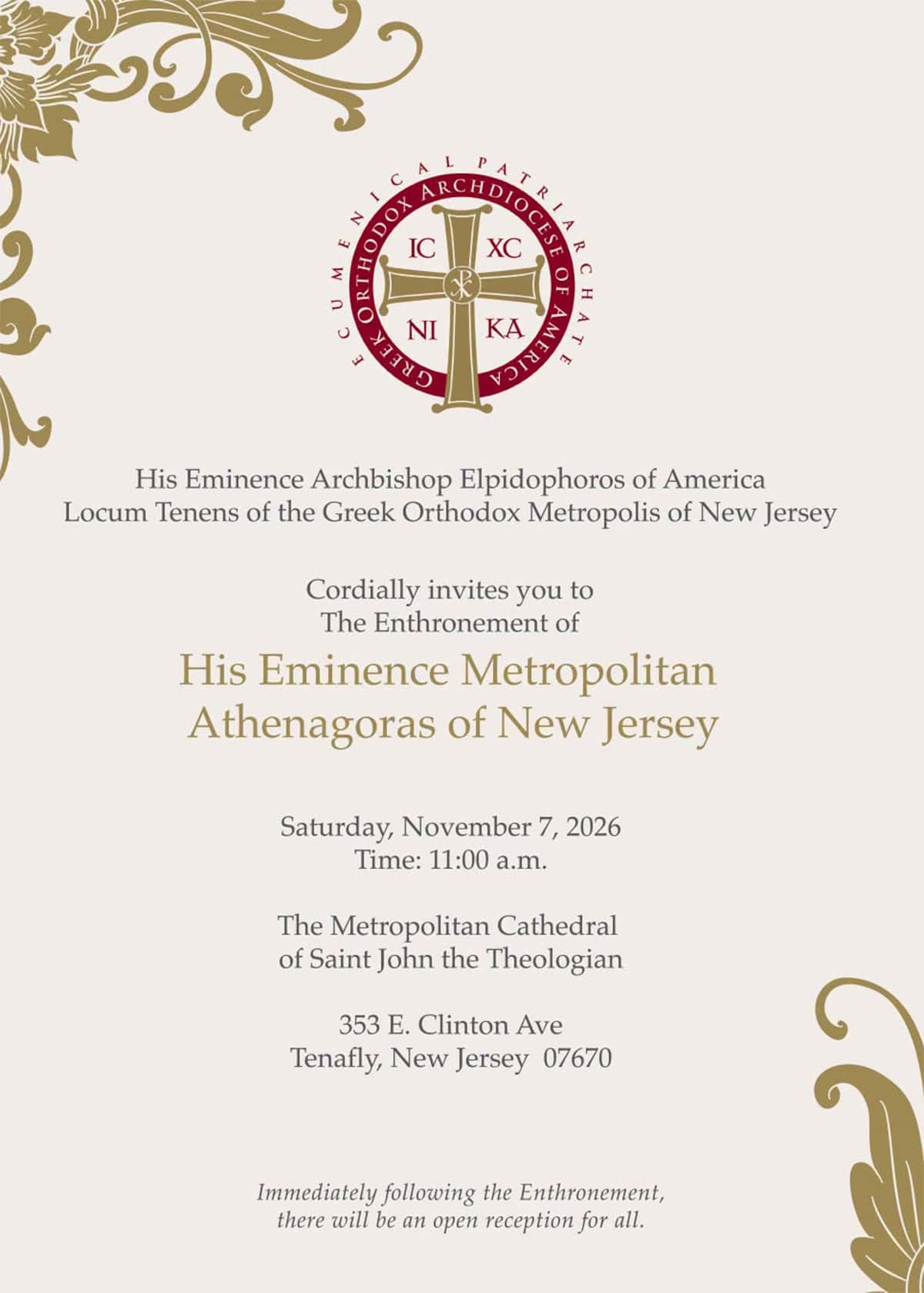 Official invitation to the November 7, 2026, enthronement of Metropolitan Athenagoras of New Jersey at the Metropolitan Cathedral of Saint John the Theologian in Tenafly.