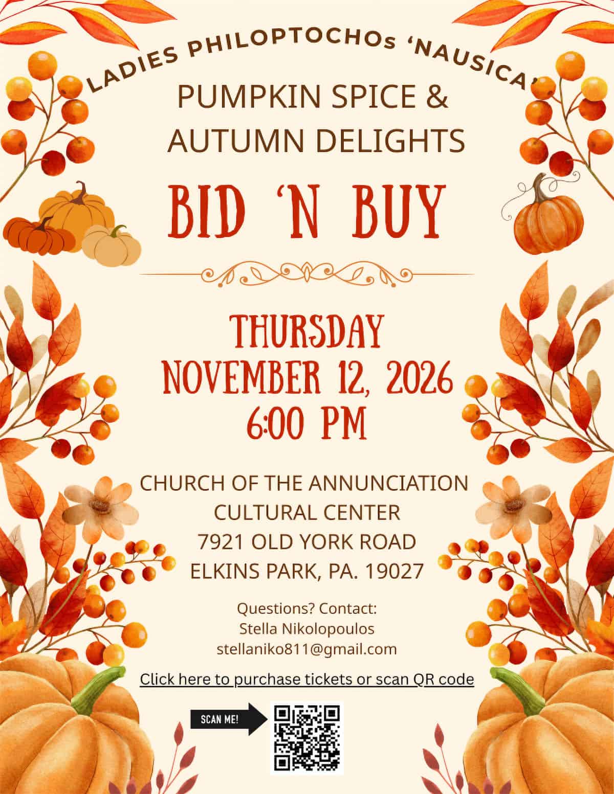 Flyer for the Nausica Philoptochos Pumpkin Spice & Autumn Delights Bid ’N Buy on November 12, 2026, in Elkins Park, Pennsylvania.