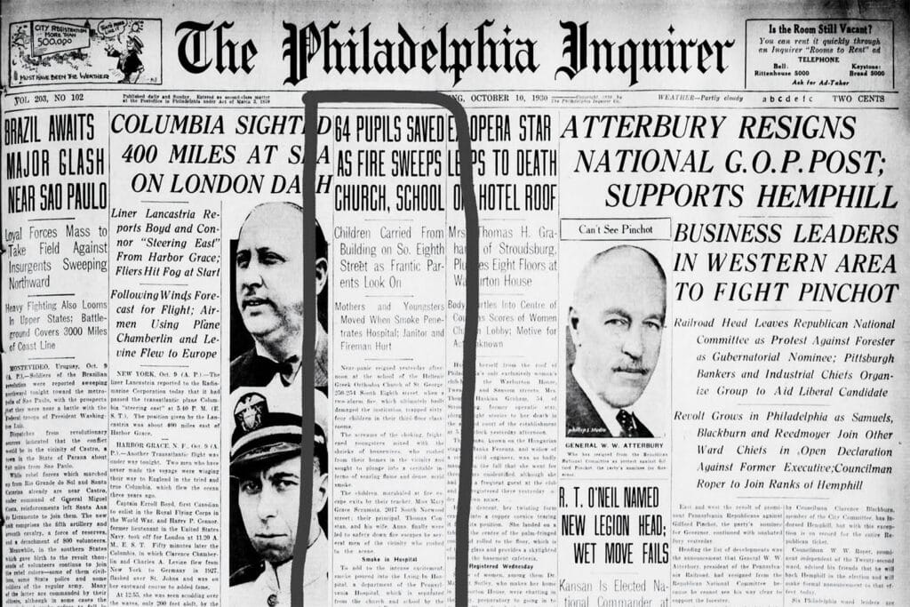 Philadelphia Inquirer front page dated October 10, 1930, with the headline reporting 64 pupils saved from the St. George church and school fire.