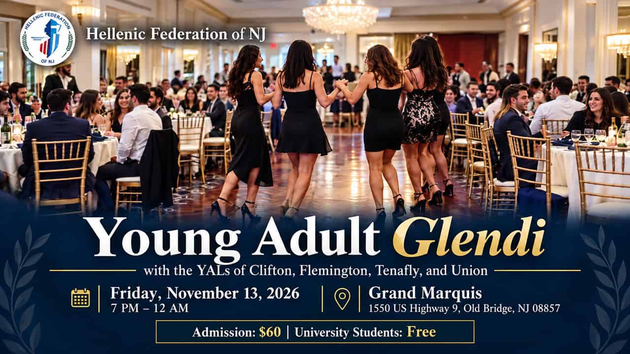 Young adults dancing at a banquet hall during the Hellenic Federation of New Jersey Young Adult Glendi and Networking Night in Old Bridge, New Jersey, on November 13, 2026.